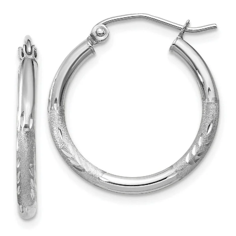 Curata 14k White Gold Satin and Sparkle Cut Round Hoop Earrings - 20x20mm