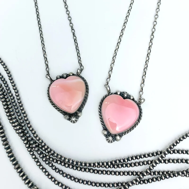 Augustine Largo | Navajo Handmade Sterling Silver Chain Necklace with Large Pink Conch Heart Pendant