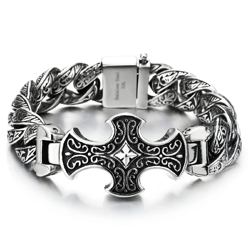 Mens Large Steel Tribal Tattoo Pattern Vintage Cross ID Identification Fancy Curb Chain Bracelet