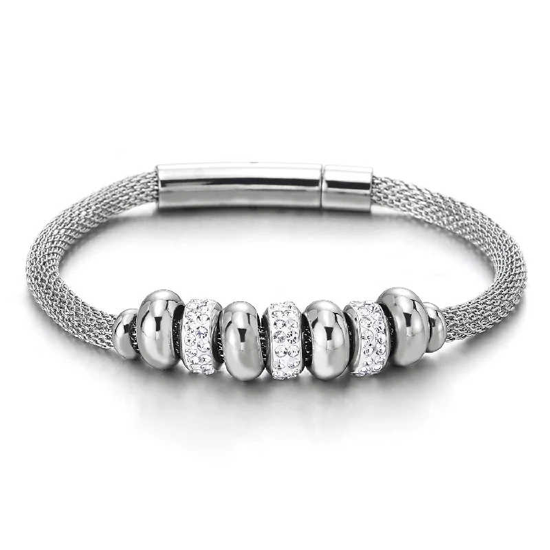 Exquisite Womens Stainless Steel Charm Bracelet with Steel Beads String and Cubic Zirconia