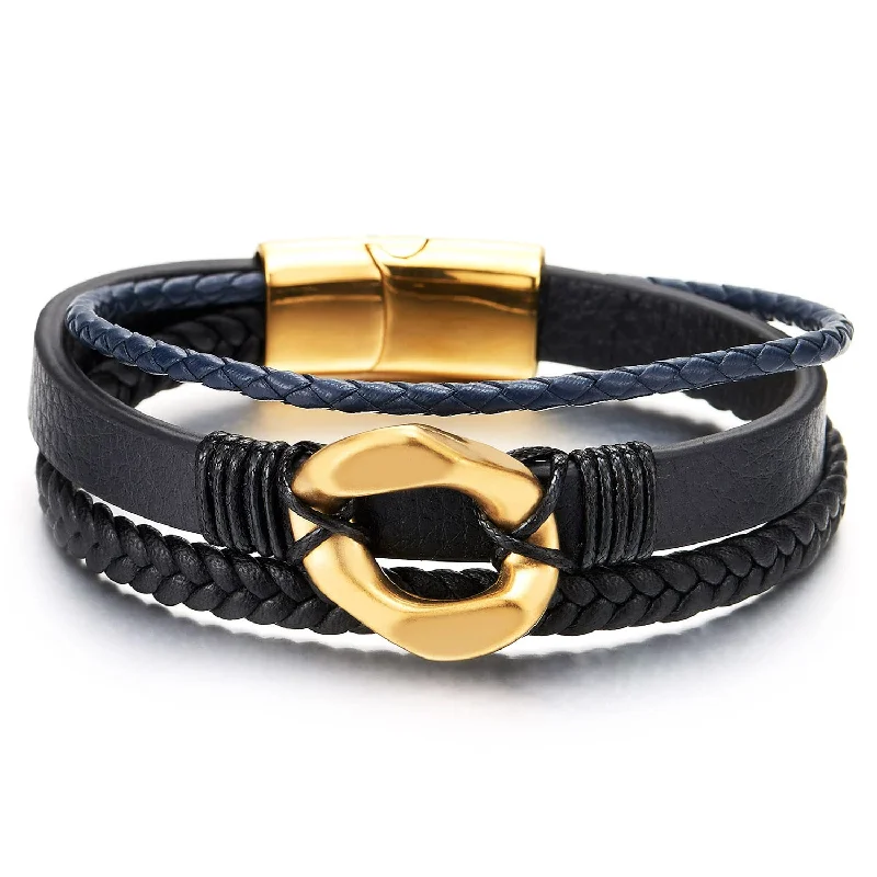 Mens Women Steel Gold Irregular Circle Charm Three-Strand Black Navy Blue Leather Bracelet