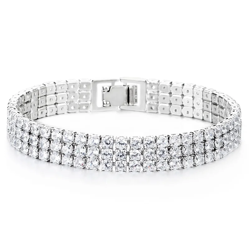 Sparkling Womens Three Rows Crystal Rhinestones Cluster Cubic Zirconia Pave Bangle Bracelet