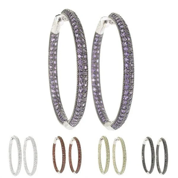 Sterling Silver Pave Gemstone Inside-out 2-inch Hoop Earrings with Clicker Lock