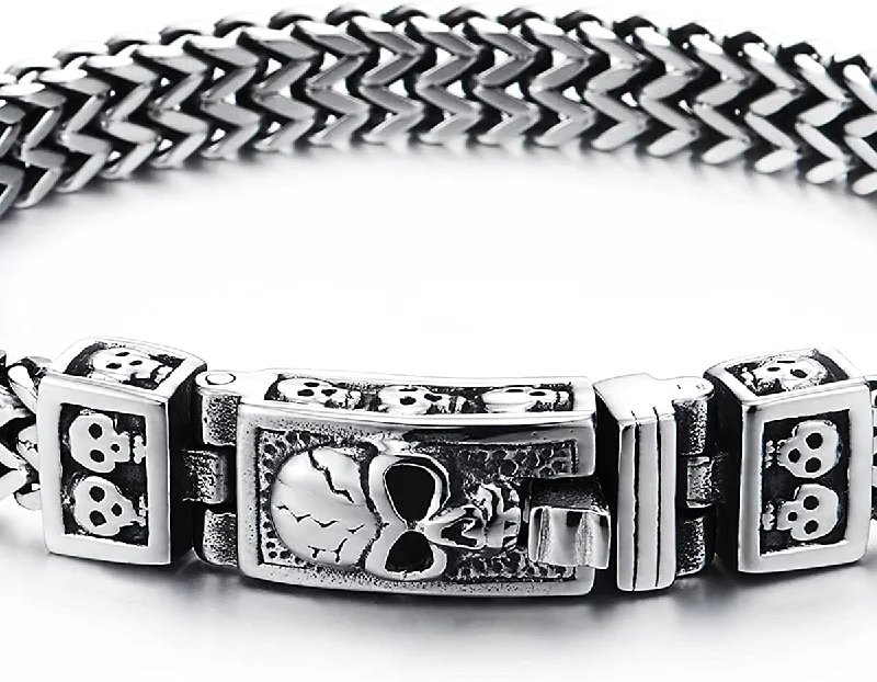 Mens Women Stainless Steel Franco Link Curb Chain Bracelet, Vintage Skull Spring Box Clasp 8.46 in