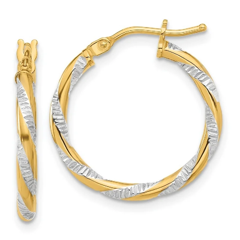 Curata 14k Yellow Gold White Rhodium Polished Diamond cut Hoop Earrings - 19.7x19.5mm