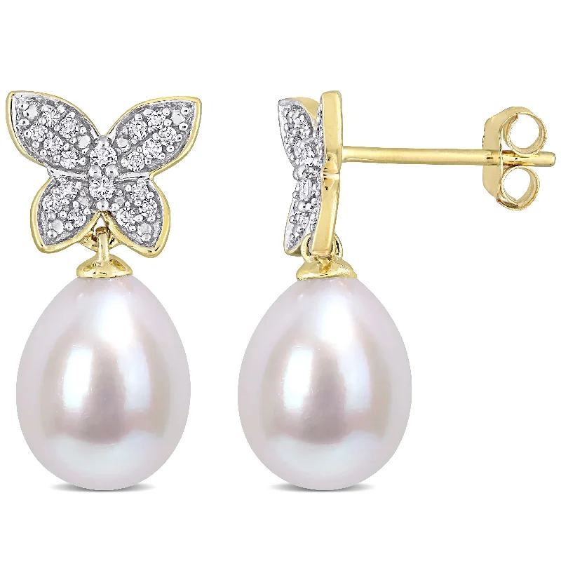 Miadora 10k Yellow Gold Cultured FW Pearl and 1/8ct TDW Diamond Butterfly Drop Earrings (8.5-9mm)