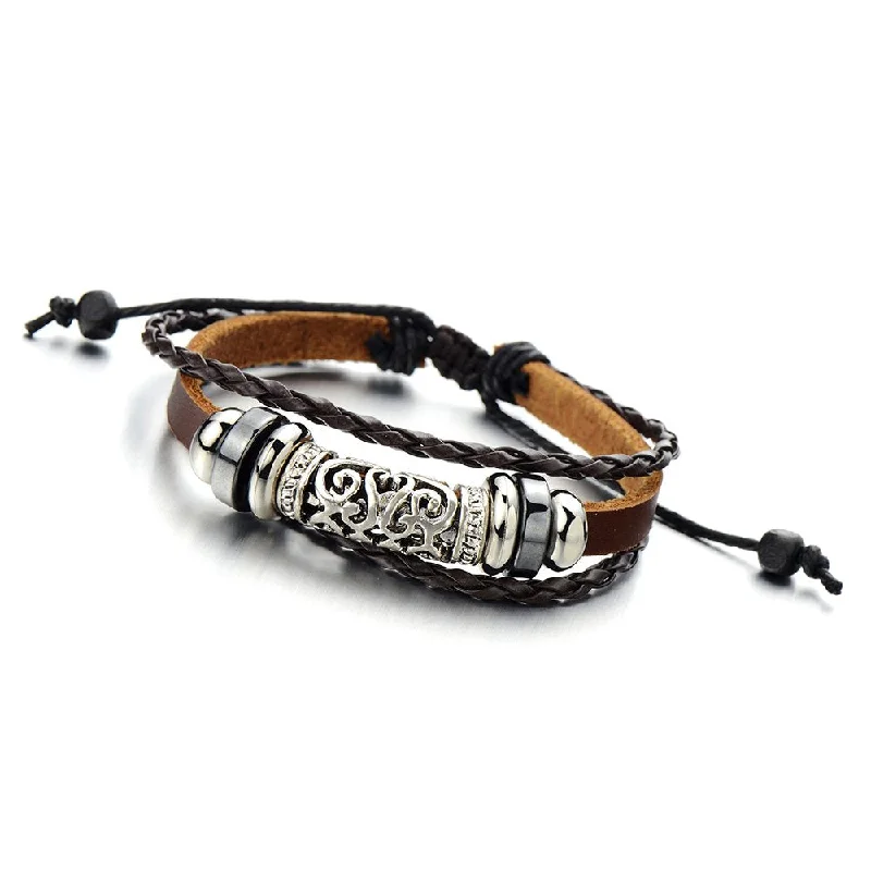 Multi-strand Brown Leather Bracelet for Men Women Tribal Leather Wristband Wrap Bracelet