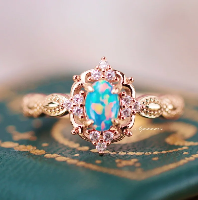 Vintage Blue Fire Opal Engagement Ring- 14K Solid Rose Gold