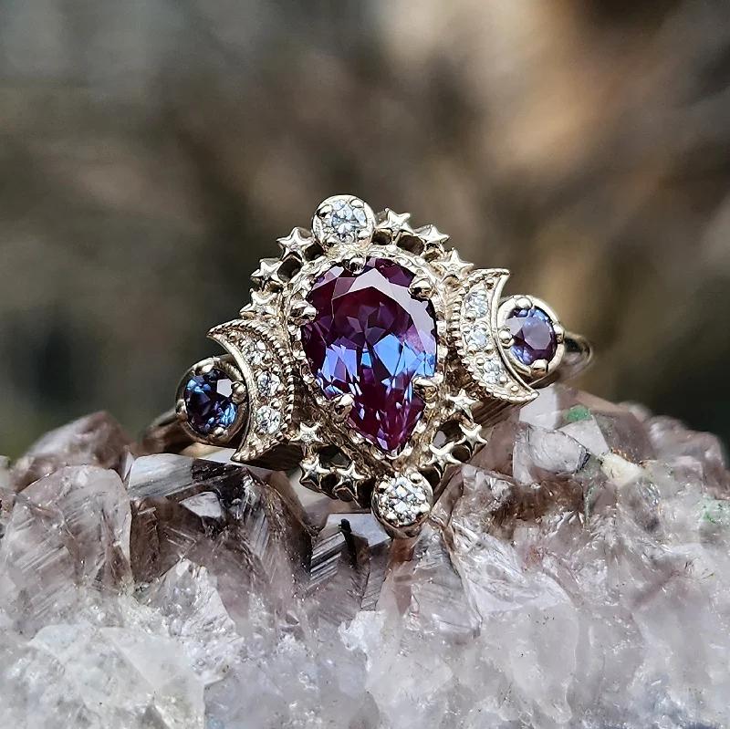 Pear Cosmos Moon Ring with Chatham Alexandrite and Diamonds - Star Engagement Ring