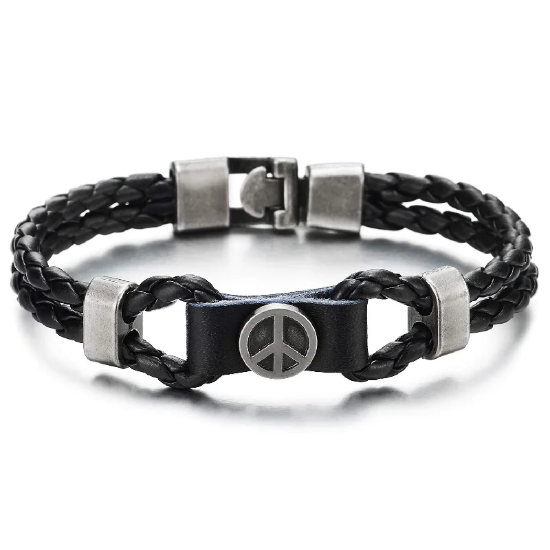 Mens Women Braided Leather Bangle Bracelet with Anti-war Peace Sign Circle Charm