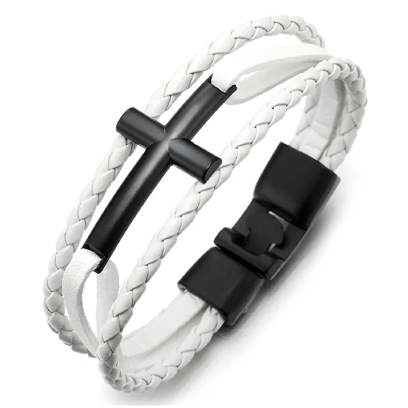 Black Horizontal Sideway Lateral Cross White Braided Leather Bangle Wristband Bracelet, Three-Row