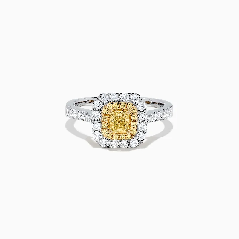 Canare 18K Two Tone Gold Cushion Double Halo Yellow Diamond Ring, 0.97 TCW