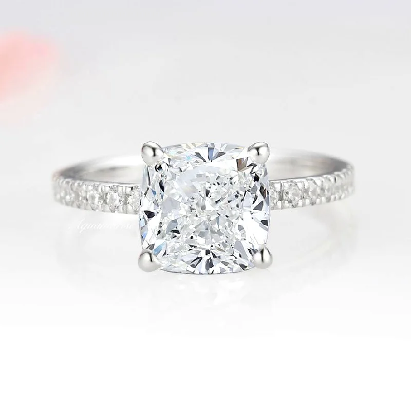 3CT Cushion Cut Diamond/ Moissanite Engagement Ring- 14K White Gold