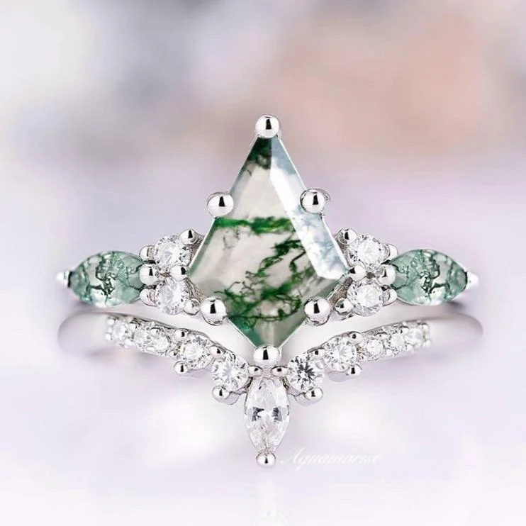 Skye Kite™  Green Moss Agate Engagement Ring Set- 14K White Gold