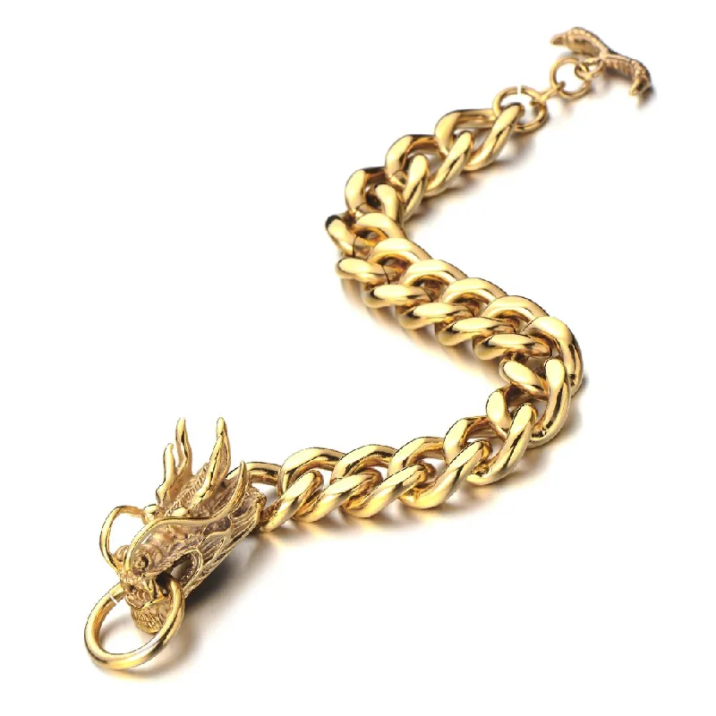 Masculine Style Mens Gold Dragon Curb Chain Bracelet of Stainless Steel Polished with Toggle Clasp