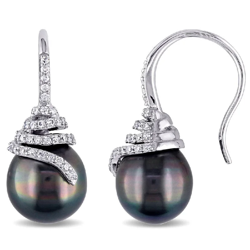 Miadora Signature Collection 14k White Gold Black Tahitian Pearl and 1/3ct TDW Diamond Spiral Drop Earrings (G-H, SI1-SI2)