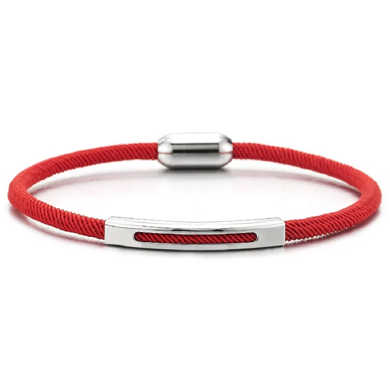 Unisex Mens Women Thin Red Nautical Marine Yacht Rope Bracelet with Steel Charm, Magnetic Clasp