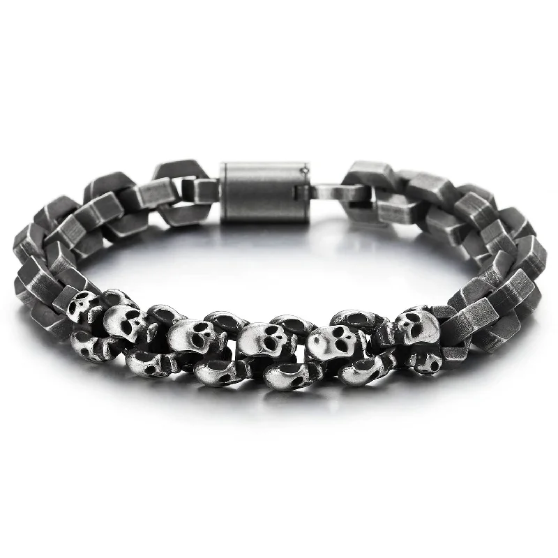 Men Steel Skulls Link Chain Hexagon Rolo Link Chain Bracelet, Retro Style, Old Metal Finishing