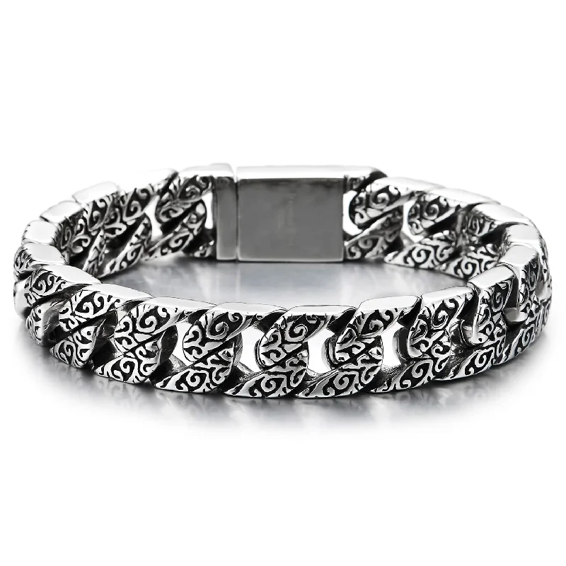 Mens Fancy Vintage Stainless Steel Tribal Tattoo Pattern Curb Chain Bracelet with Spring Box Clasp