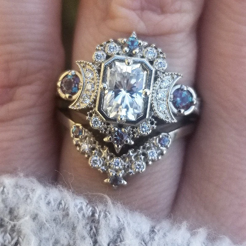 Emerald Cut Selene Moon Goddess Engagement Ring Set - Moissanite , Diamond and Chatham Alexandrite - 14k Palladium White Gold