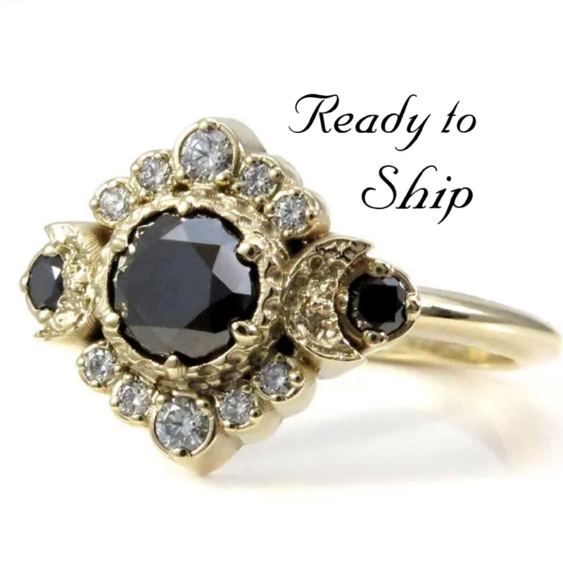 Ready to Ship Size 6 - 8 - Black and White Diamond Engagement Ring - Triple Moon Goddess Boho Wedding - 14k Yellow Gold