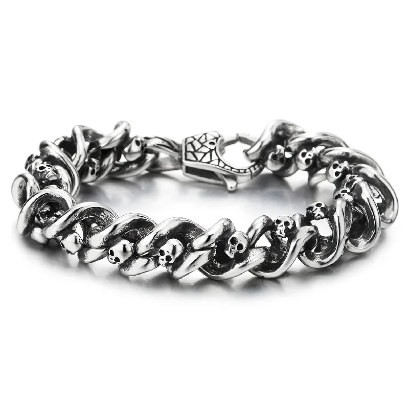 Mens Steel Vintage Twisted Braided Link Chain Bracelet with Skulls, Spring Clasp, Gothic Biker