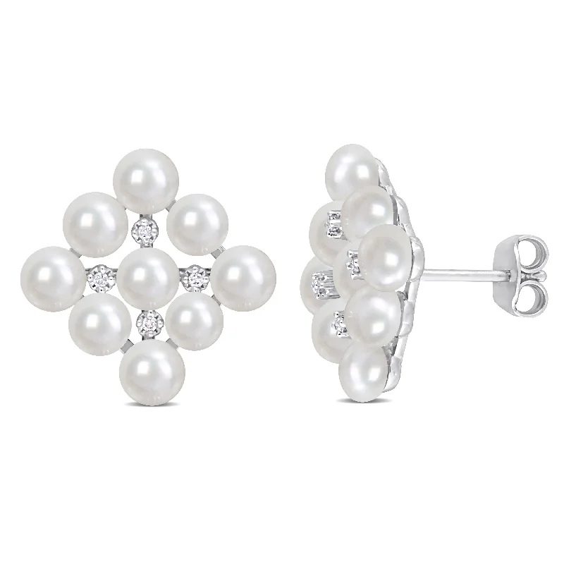 Miadora 4-4.5mm Cultured Freshwater Pearl and Diamond Accent Stud Earrings in Sterling Silver