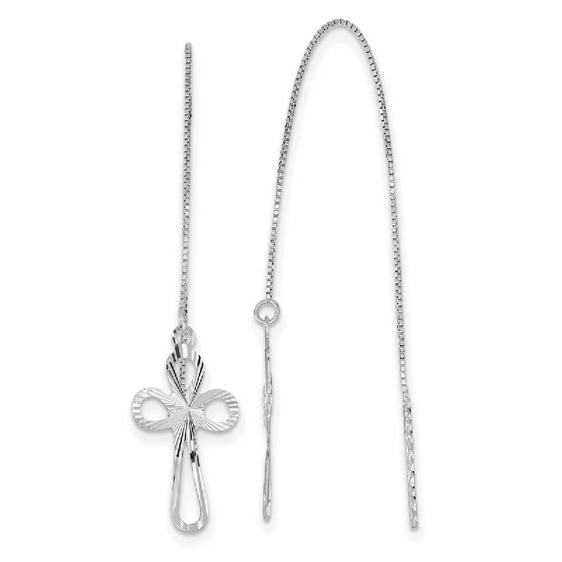 Curata 14k White Gold Polished Diamond cut Box Chain With Cross Threader Earrings - 74x10mm