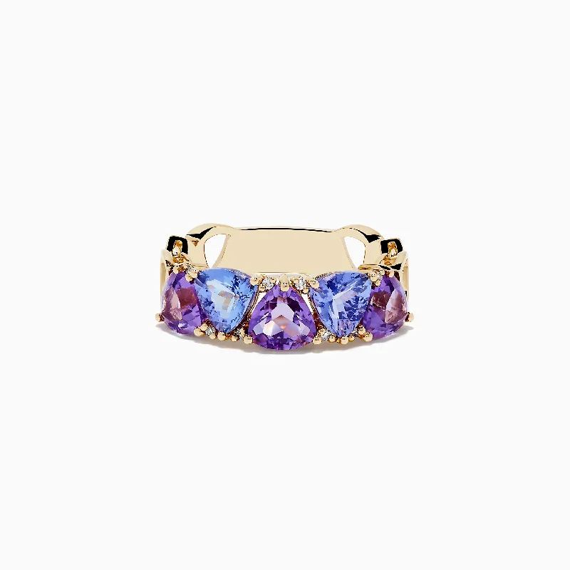 14K Yellow Gold Amethyst, Tanzanite and Diamond Ring