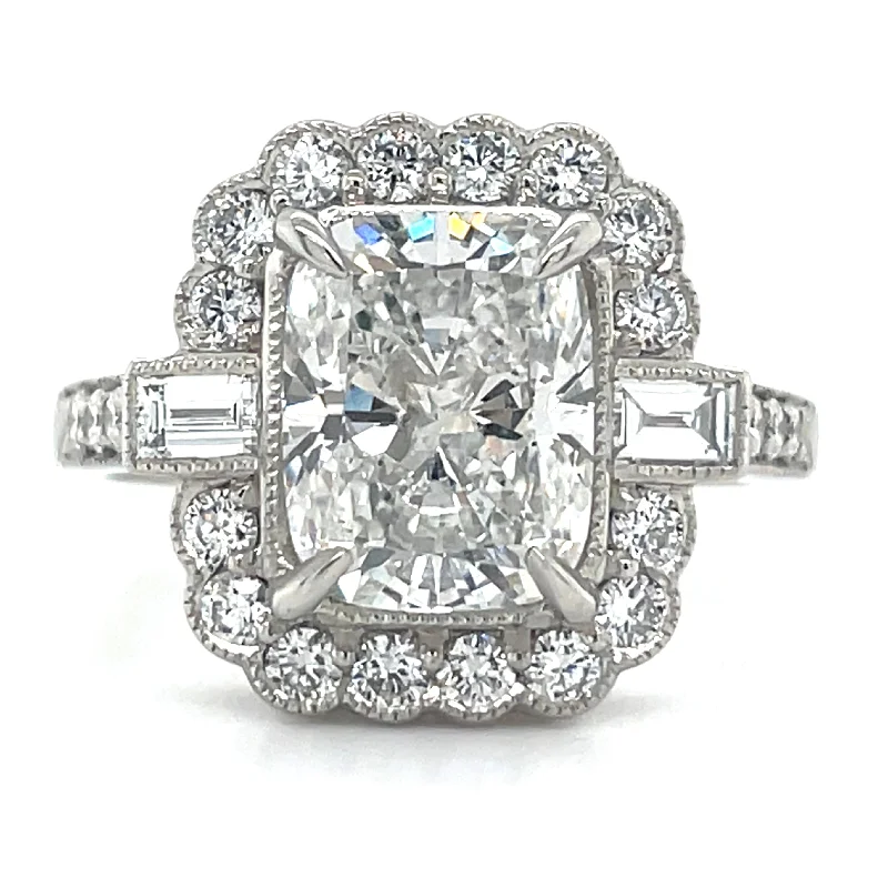 Aurora - Platinum 3.14ct Laboratory Grown Elongated Cushion Halo Deco Style Diamond Engagement Ring