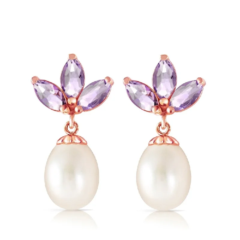 14K Solid Rose Gold Dangling Earrings with pearl & Tanzanite