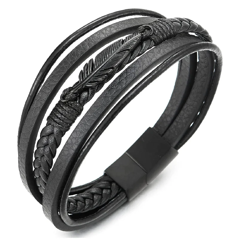 Mens Women Steel Black Feather Multi-Strand Black Braided Leather Bangle Bracelet