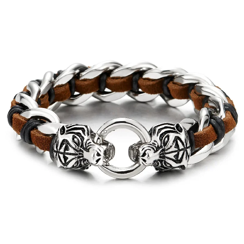 Stainless Steel Mens Tiger Head Curb Chain Bracelet Interwoven with Brown Black Leather