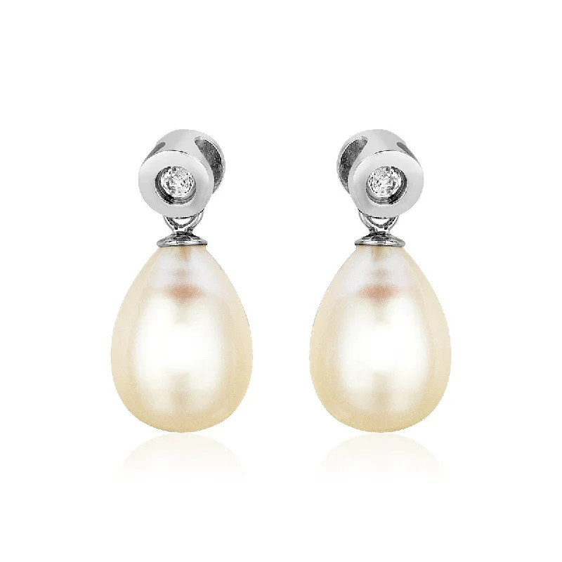 Sterling Silver Earrings with Pear Shaped Pearls and Cubic Zirconias