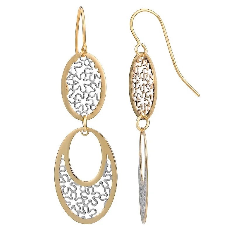 Fremada 10k Two-tone Gold Floral Cut-outs On Graduated Oval Dangle Earrings