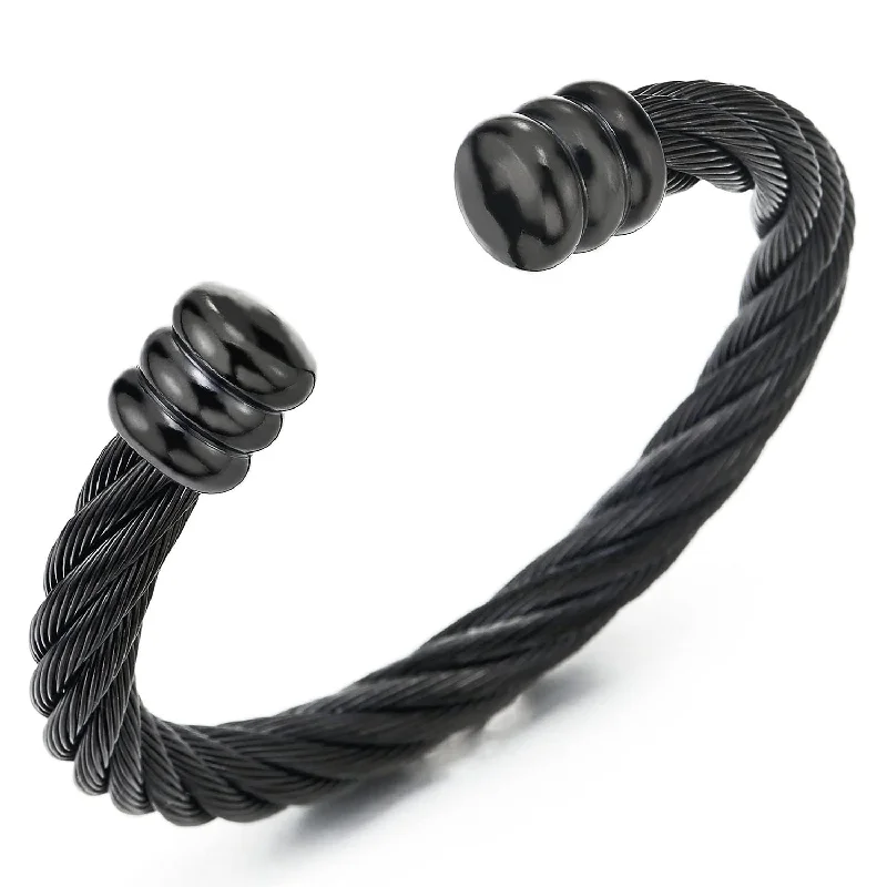 Large Elastic Adjustable Steel Black Cuff Bangle Bracelet for Men Women