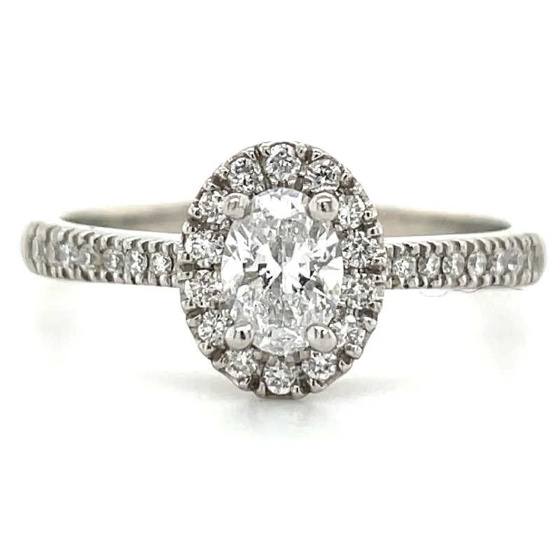 Jennifer- Platinum .69ct Diamond Oval Halo Castel Set Shoulders Engagement Ring