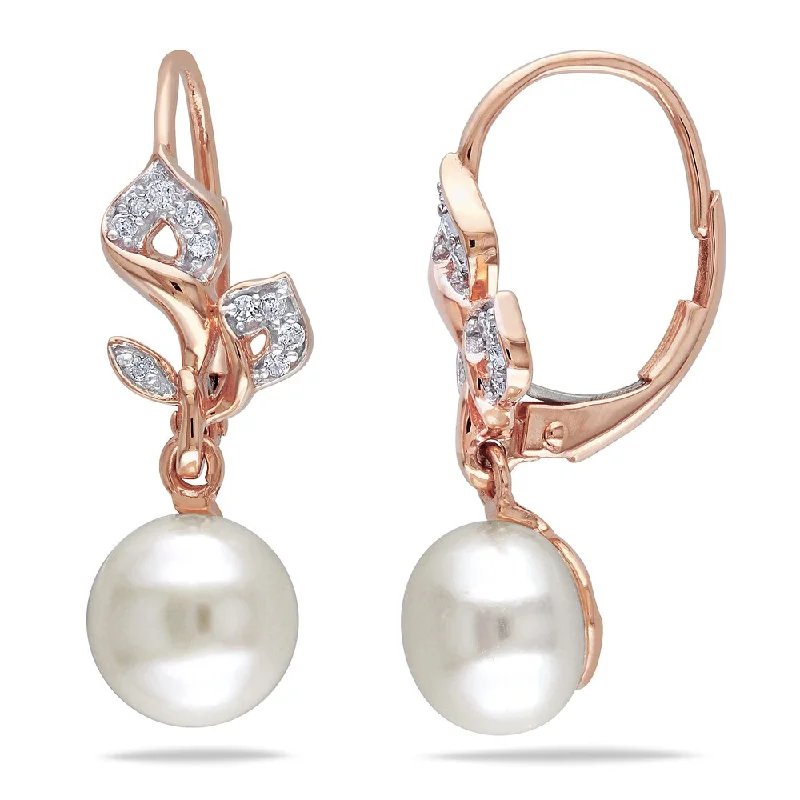 Miadora 10k Rose Gold White Cultured Freshwater Pearl and 1/10ct TDW Diamond Earrings (H-I, I2-I3)