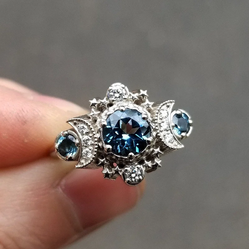 London Blue Topaz and Diamond Cosmos Engagement Ring - Triple Moon Goddess White Gold Jewelry