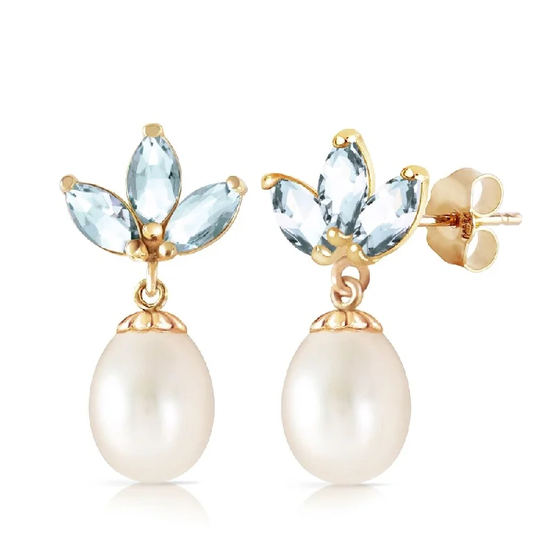 9.5 CTW 14K Solid Gold Dangling Earrings pearl Aquamarine