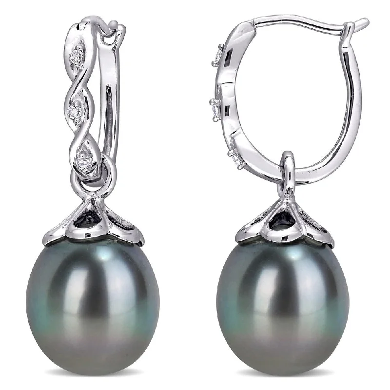 Miadora 10k White Gold Tahitian Cultured Pearl and Diamond Drop Earrings (9-9.5 MM)