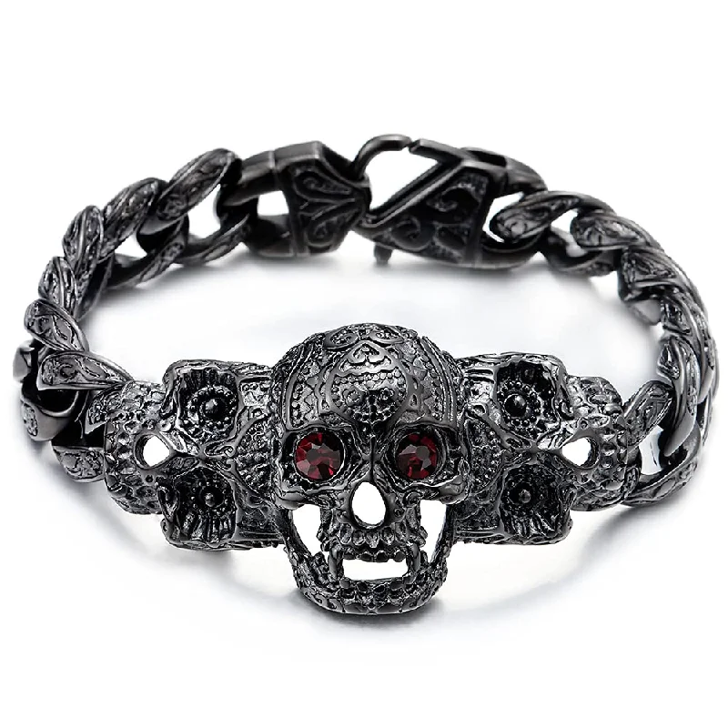 Mens Steel Fancy Curb Chain Bracelet with Vintage Sugar Skulls Charm Cubic Zirconia Eyes