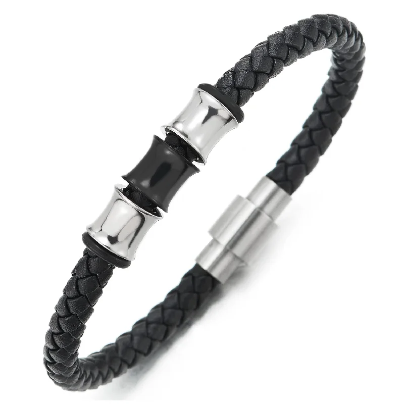 Mens Women Black Braided Leather Bangle Bracelet, Steel Silver Black Bead String and Magnetic Clasp