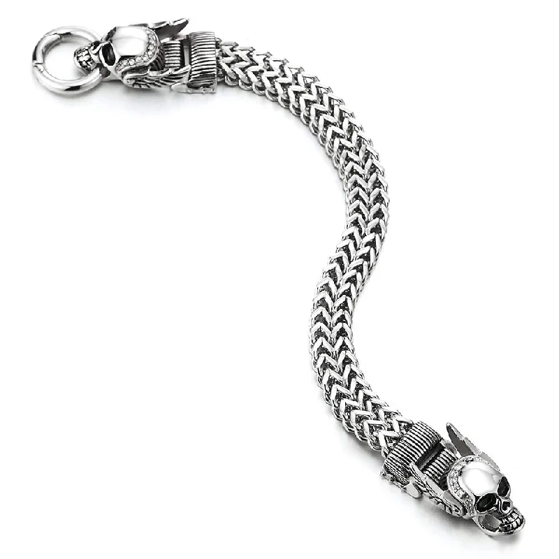 Mens Steel Franco Link Curb Chain Bracelet, Wing Skull with Cubic Zirconia, Spring Ring Clasp