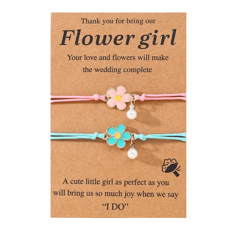 Children's 'Two Adjustable Flower Girl  Wish Bracelets/ Friendship Bracelets' with Presentation Card - Pink and Turquoise Blue