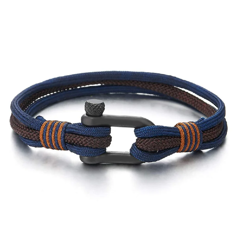 Men Women Steel Screw Anchor Shackle Nautical Sailor Navy Blue Brown Rope Wristband Wrap Bracelet