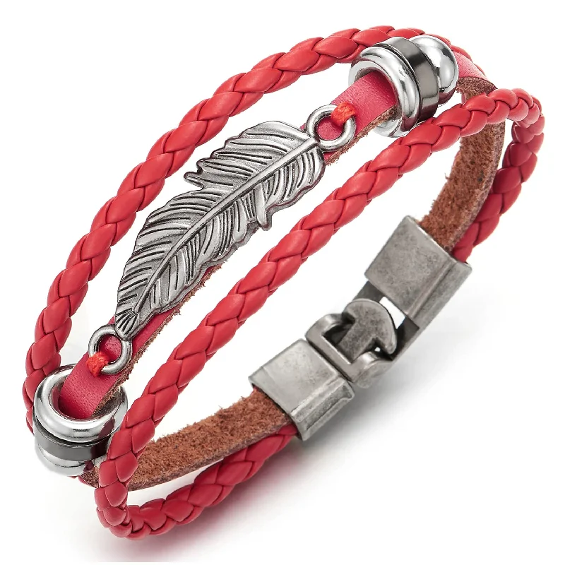 Vintage Feather Leaf Red Braided Leather Bracelet for Men Women, Three-Row Leather Wristband