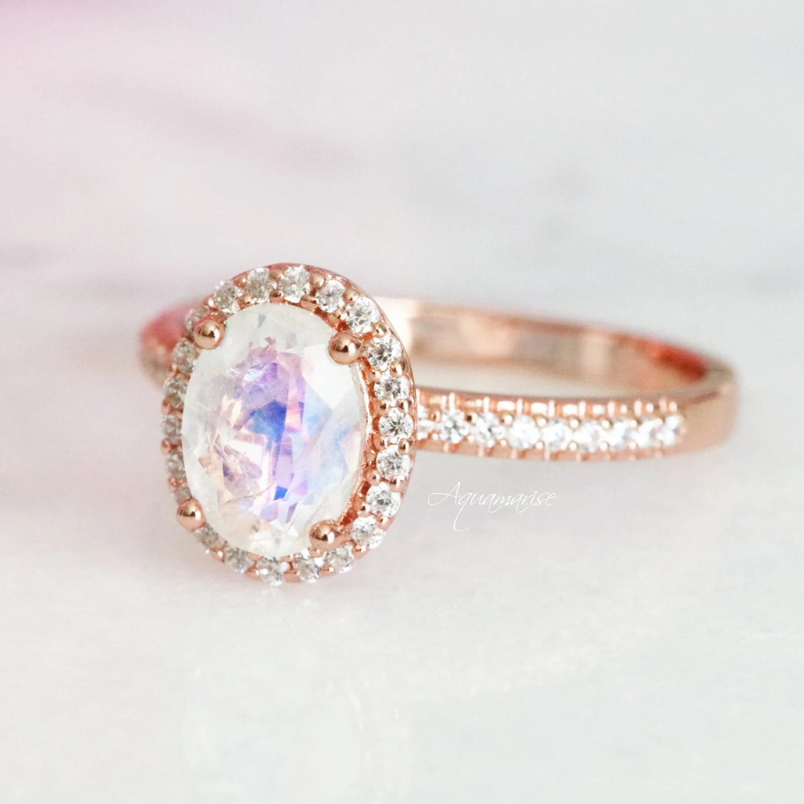 Iris Moonstone Engagement Ring- 10K/14K/18K Solid Rose Gold