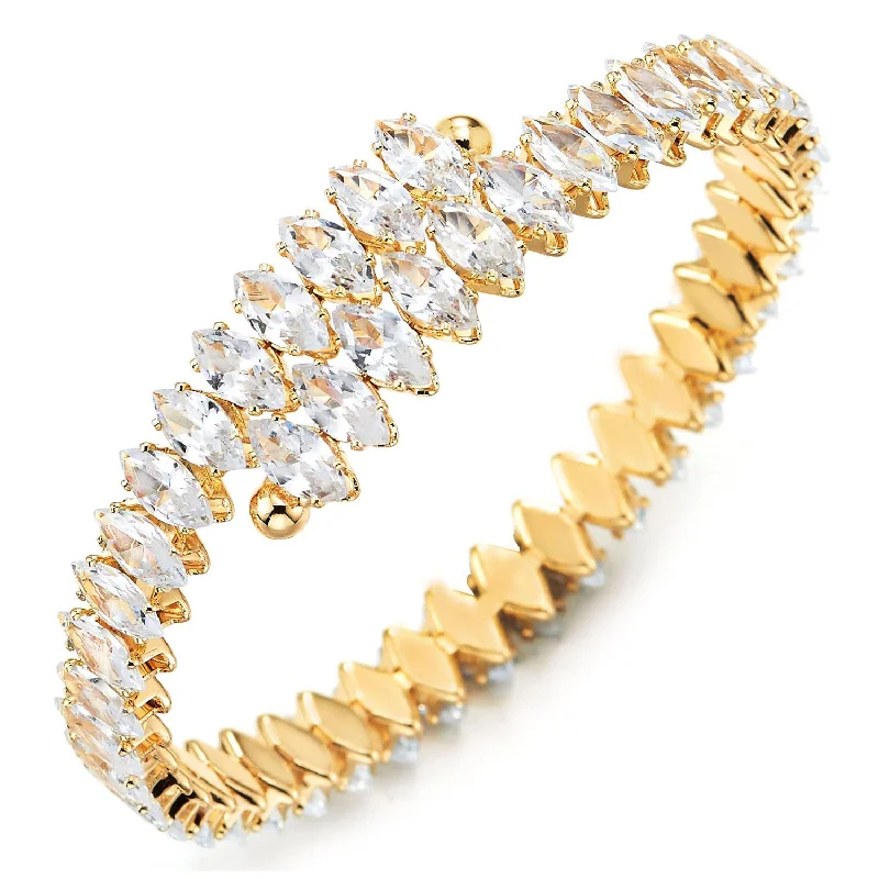 Womens Gold Color Open Cuff Bangle Bracelet with Marquise Cubic Zirconia, Adjustable