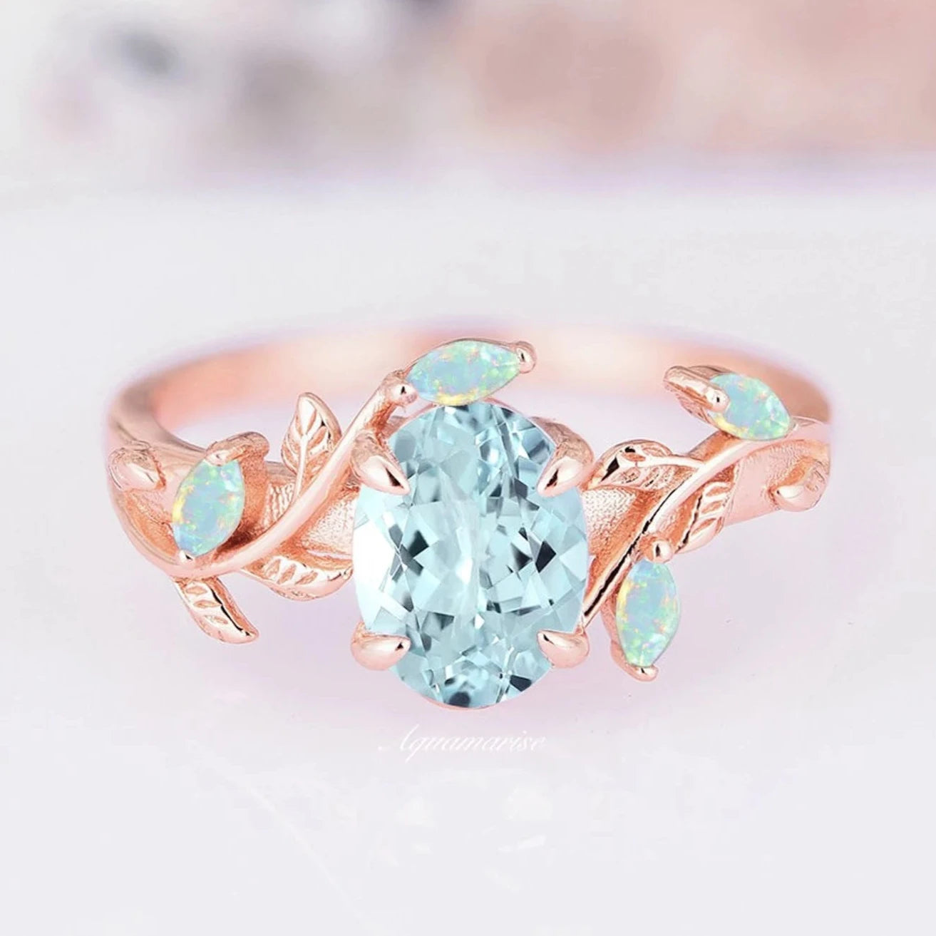 Aquamarine & Fire Opal Leaf Engagement Ring- 14K Solid Rose Gold